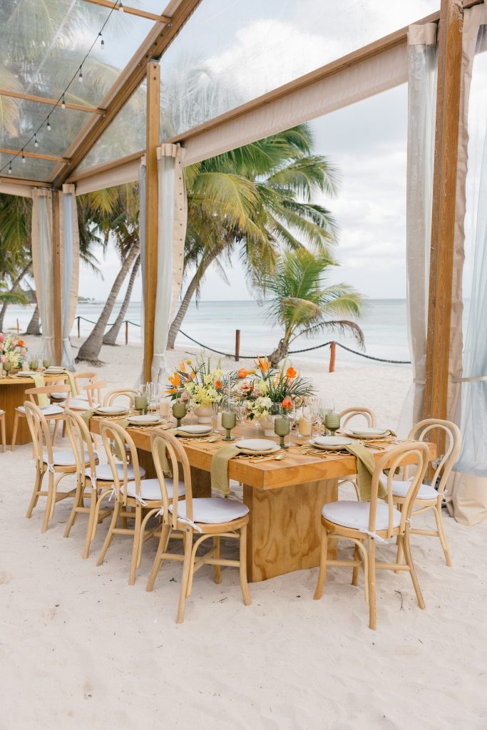 Elegant beachfront wedding reception Saasil Kantenah destination wedding