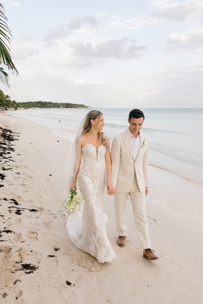 Romantic couple portraits on Kantenah beach at golden hour Playa del Carmen