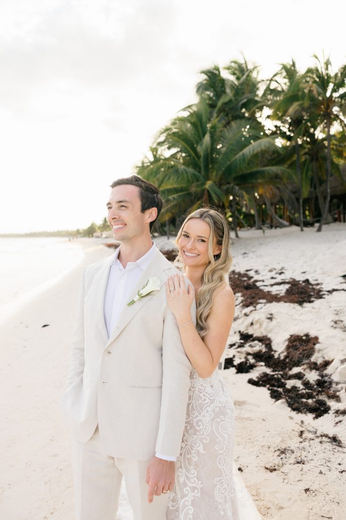 Romantic couple portraits on Kantenah beach at golden hour Playa del Carmen