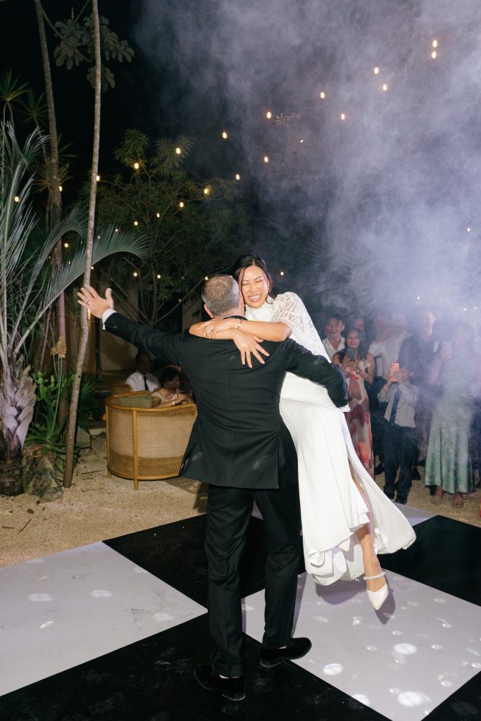 Groom emotional expression as bride approaches at Kima Tulum