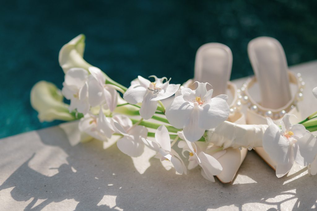 Dress detail at Hilton Tulum, Paloma Blanca gown before ceremony