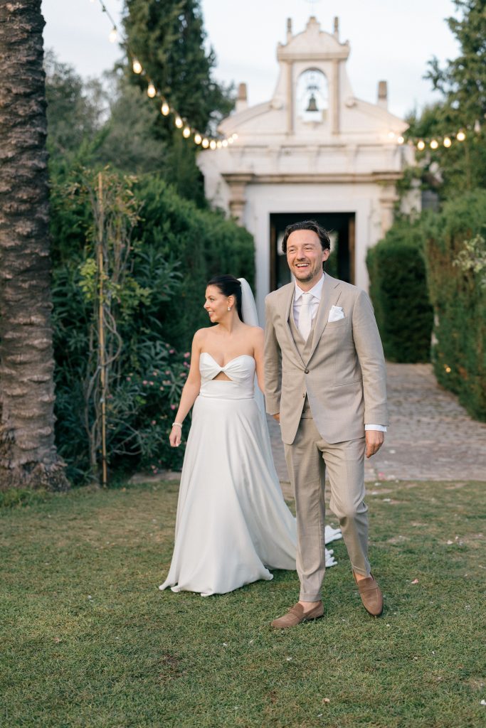 Wedding couple portrait at Finca Monasterio gardens