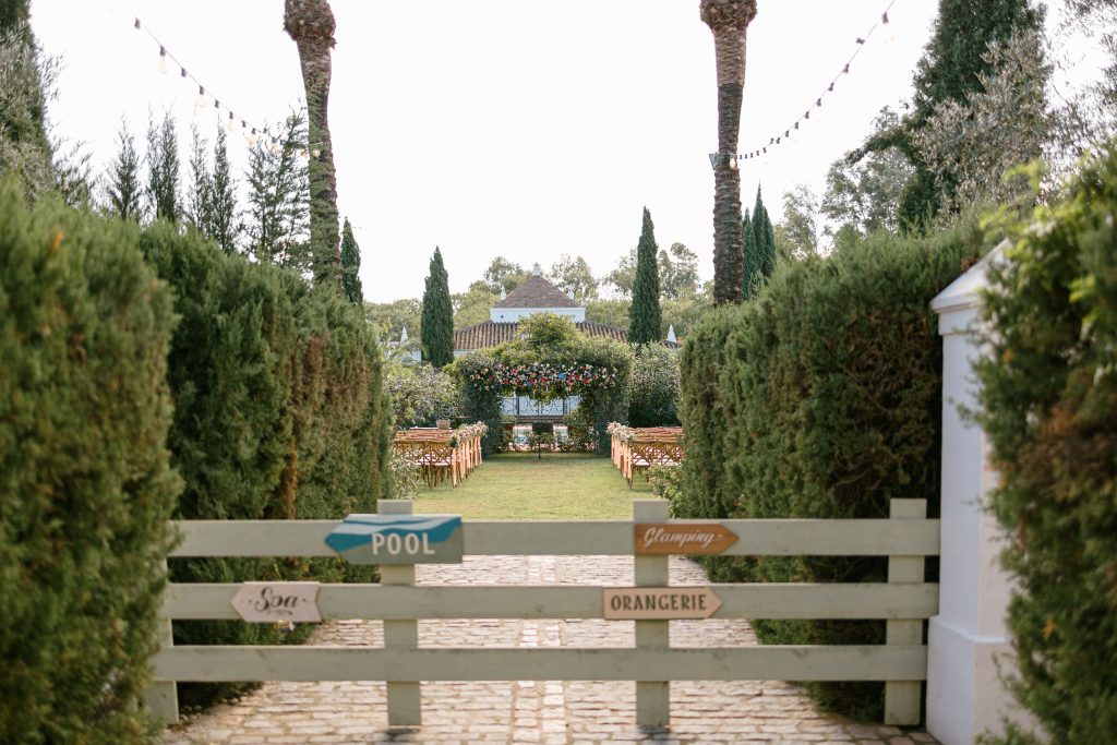 Wedding couple portrait at Finca Monasterio gardens