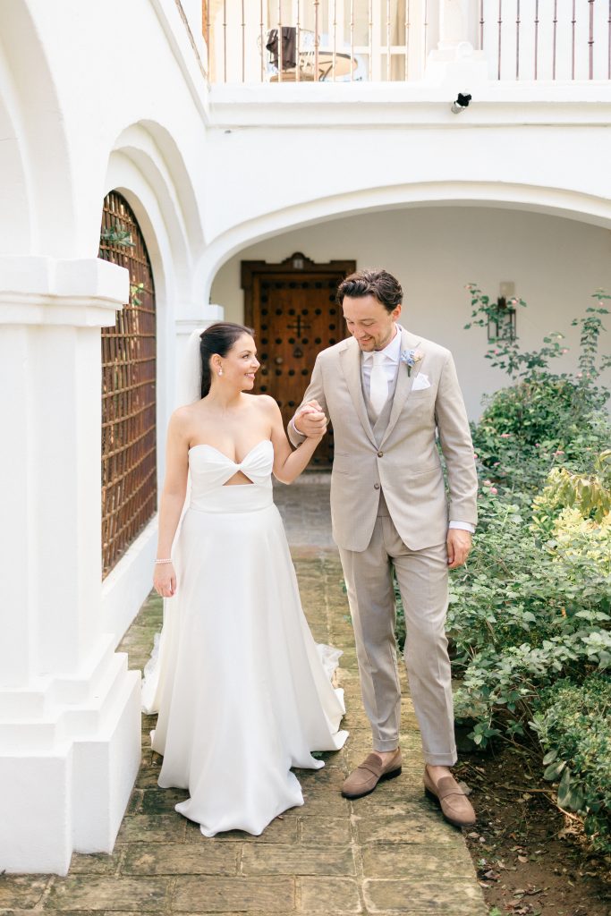 Wedding couple portrait at Finca Monasterio gardens