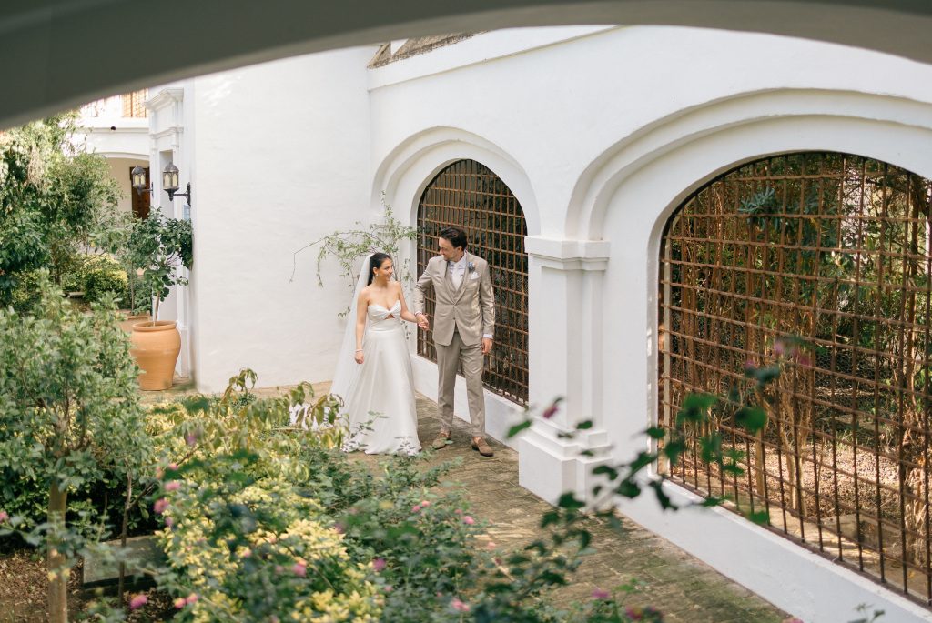 Wedding couple portrait at Finca Monasterio gardens