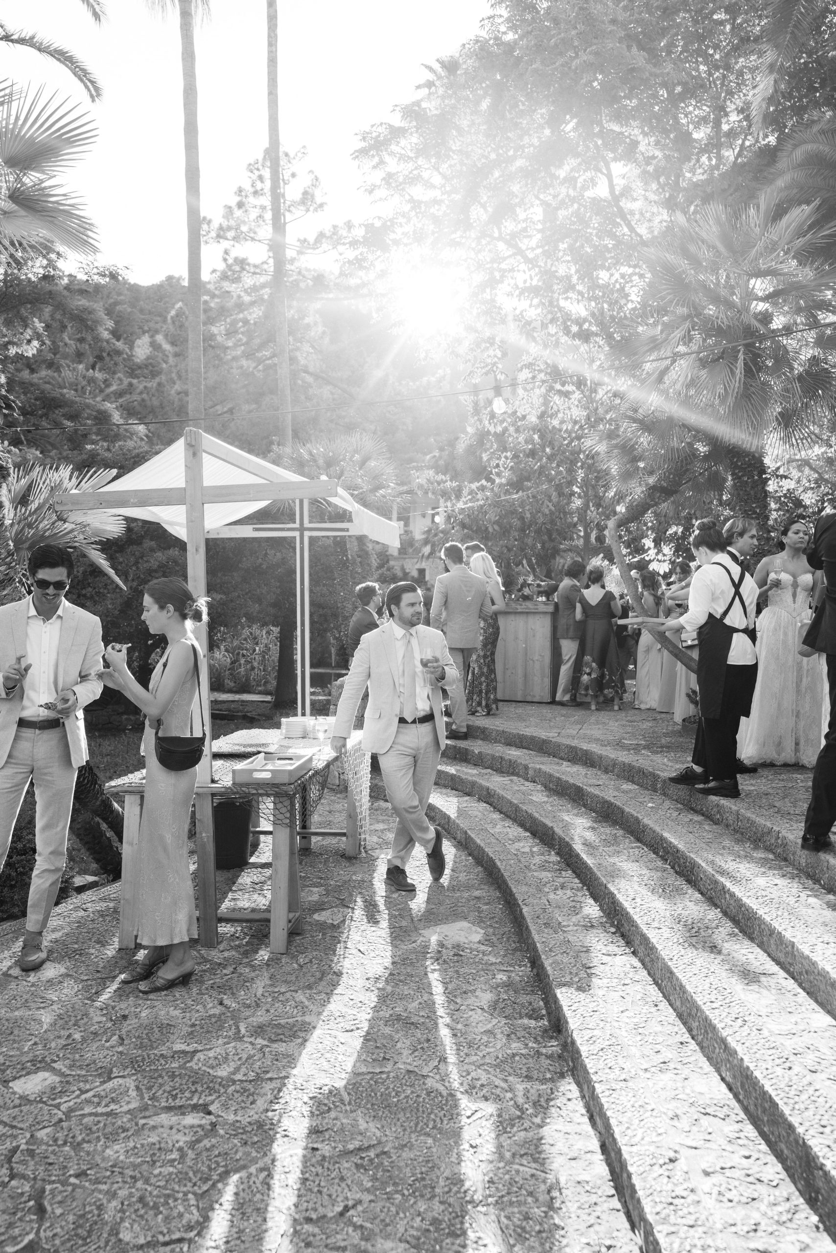 Wedding cocktail hour at Jardines de Alfabia gardens